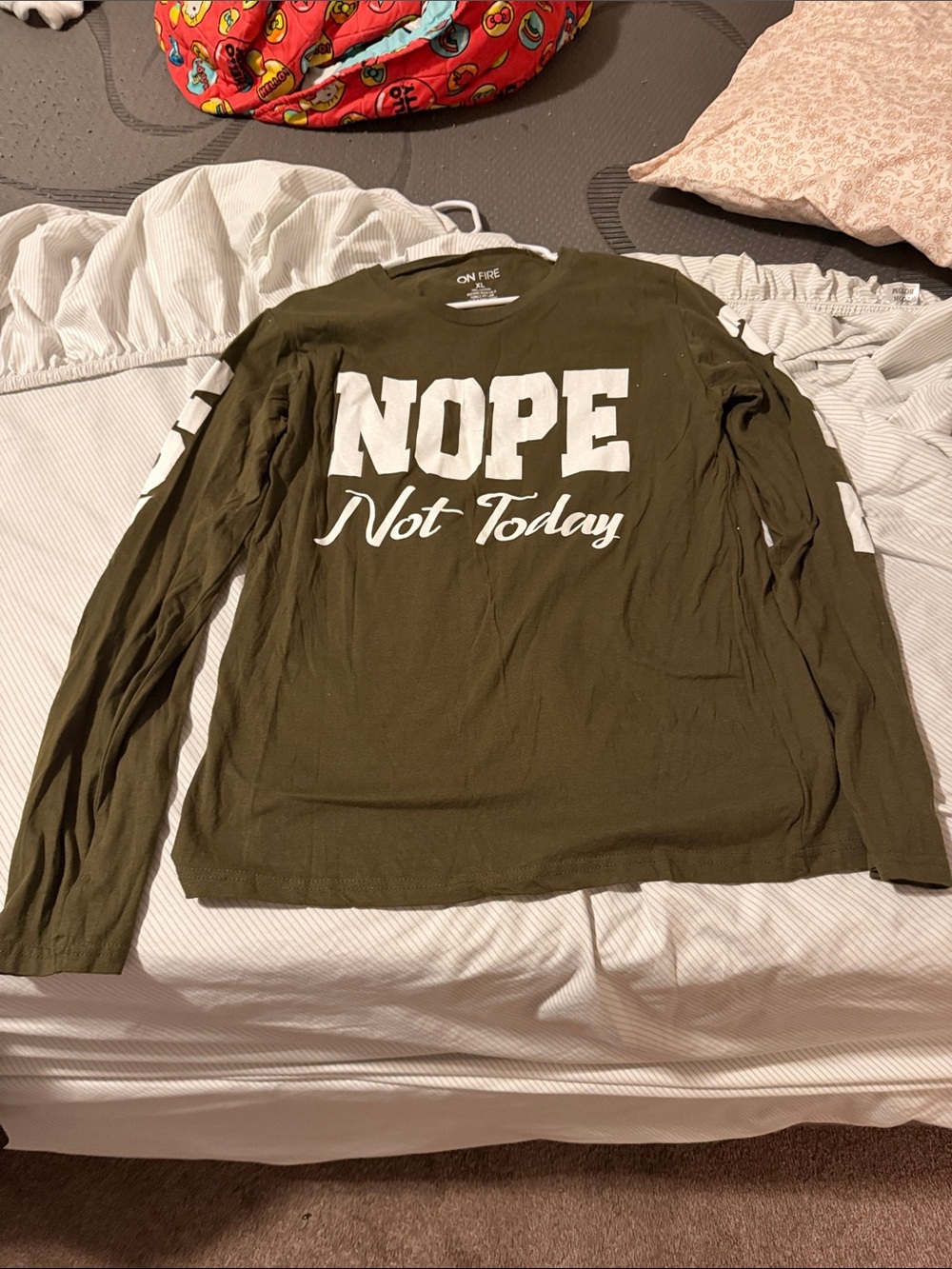 On Fire Olive Green Long-Sleeve Tee with White "NOPE Not Today" Graphic
